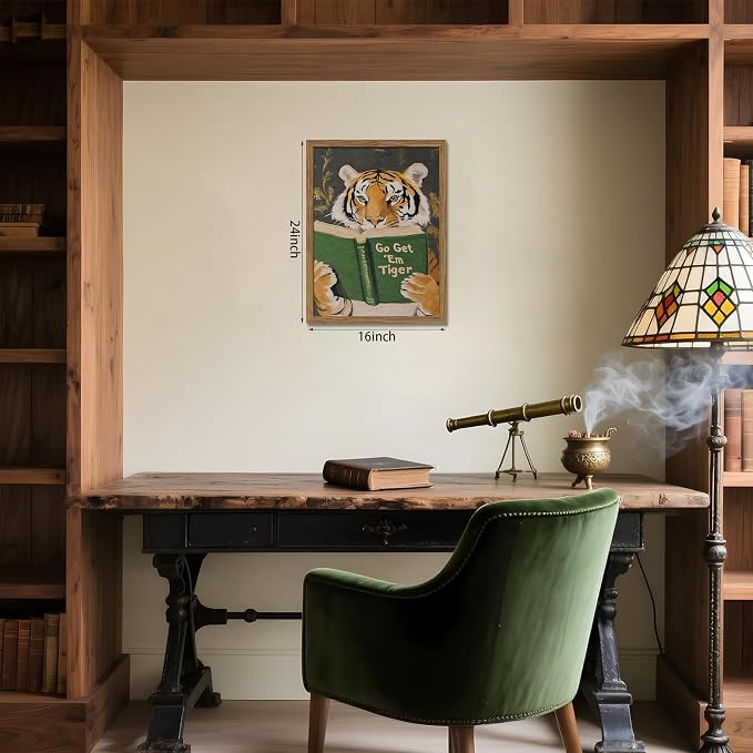 Framed Tiger Canvas Wall Art, Motivational Tigers Reading Poster Print, Humorous Bookworm Pictures Wall Decor, Vintage Go Get Em Tiger Painting for Office Library Bedroom Decor 16x24 inch
