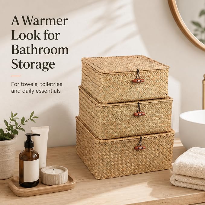 Square Handwoven Seagrass Wicker Storage Baskets with Lids, Set of 3 | Attached lids and internal iron frames help each basket hold its shape; compatible with IKEA KALLAX cube shelving.