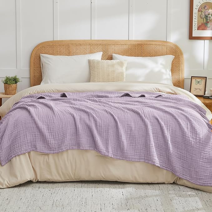 EMME Cotton Muslin Large Throw Blanket Couch Breathable Gauze Soft Lightweight Bed Blankets Adults (Heather Lavender, 50"x70")