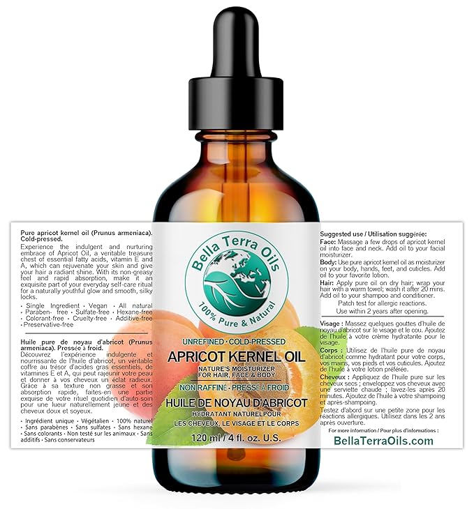 Bella Terra Oils - Organic Apricot Kernel Oil 4 oz - Pure Organic Apricot Essence, Abundant in Linoleic & Oleic Acid, A Luxurious Carrier Oil for Essential Oils