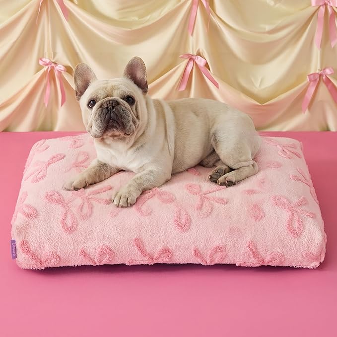 LE SURE Cute Aesthetic Bed Medium Size Dog,Jacquard Thick Pet Pillow 30x20 | Shredded Chopped Foam, Jacquard Modern Plush Crate Cushion Gift Idea, Waterproof Washable Cover, Nonslip Bottom, Bow Pink