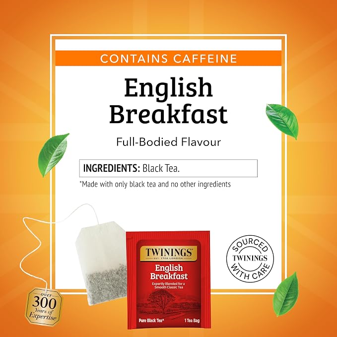 Twinings English Breakfast Black Tea Individually Wrapped Bags, 100 Count (Pack of 1), Smooth, Flavourful, and Robust, Caffeinated, Enjoy Hot or Iced, 100 Teabags