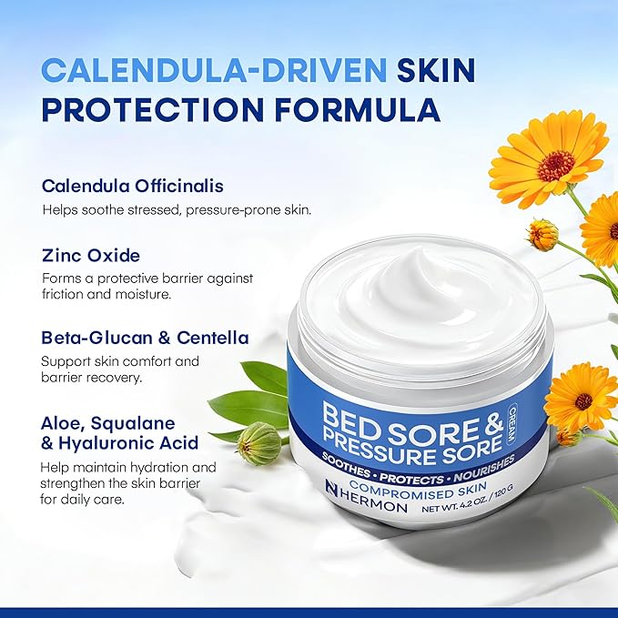 Hermon Bed Sore & Pressure Sore Fast Healing Cream – Skin Care Cream for Compromised Skin, Helps Support Healing of Bed Sores, Pressure Sores, Chafing, Minor Burns & Sunburn – 4.2 oz
