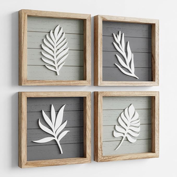 Tide and Tales 3d Framed Wall Art, Set of 4, Farmhouse Wall Decor | 7" x 7", Lightweight Wood, Bathroom Wall Decor, Botanical Leaf Pictures for Bedroom, Office or Living Room, Hardware Included