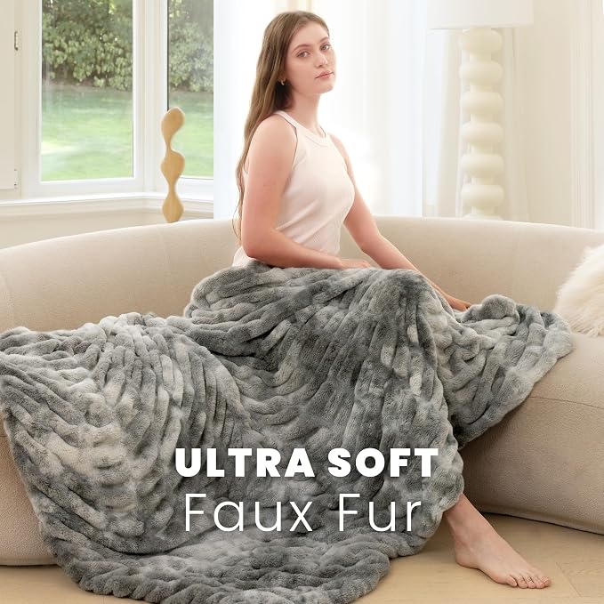 Ultra Soft Cozy Faux Fur Throw Blanket, Fuzzy Plush Thick Bubble Blanket, Luxury Fluffy Blanket for Couch, Sofa, Bedroom, and Living Room, 50x60 Inches,Tie-Dye Gray