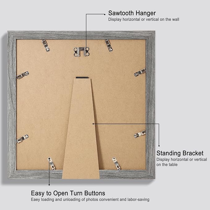 Hongkee 12x12 Picture Frame Set of 4 - Made of Glass and Grey Wooden Frame, Display Square Pictures 10x10 with Mat or 12 x 12 without Mat, Desktop & Wall Collage Photo Frame