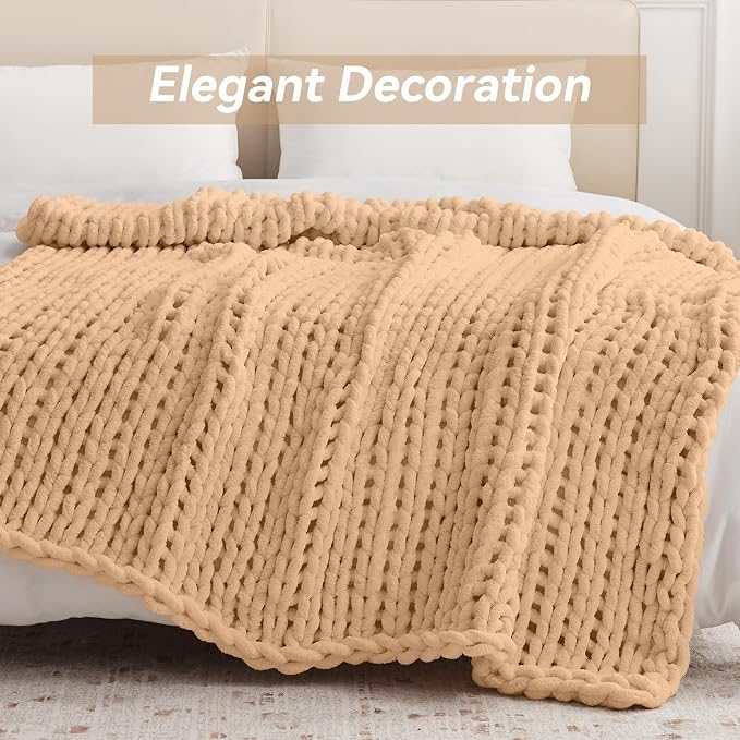 Negwoo Chunky Knit Throw Blanket, Knitted Throw Chenille Yarn, 50"*60" | Soft Thick Cable Knitted Blankets, Handmade Big Thick Blanket, Machine Washable Cute Comfy Blanket for Home Decor, Beige