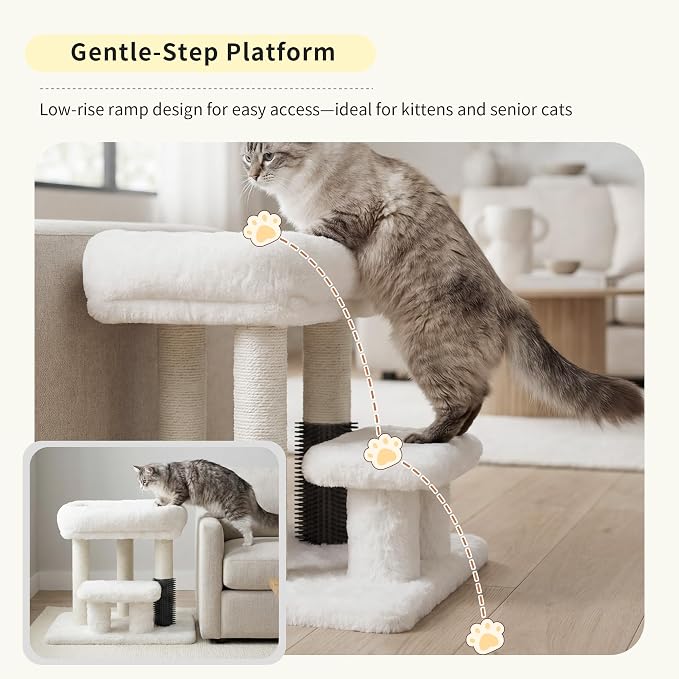 Heybly Cat Scratching Post with Grooming Brush & Gentle Step, HSP001SWH | Small Cat Tree with 5 Full Sisal Posts, Removable Plush Bed, Stable & Space-Saving Cat Furniture for Indoor Cats, White