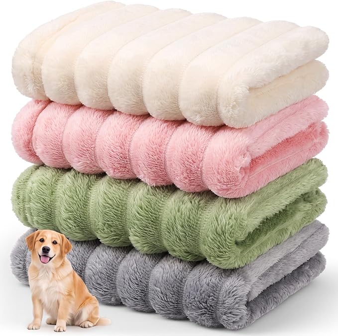 Irenare 4 Pack Fleece Pet Blanket for Medium Dog Cat Cage Pad, 20 x 30 Inch | Fluffy Faux Rabbit Fur Washable Soft Plush Blanket Furniture Couch Bed Travel Carrier, 4 Colors