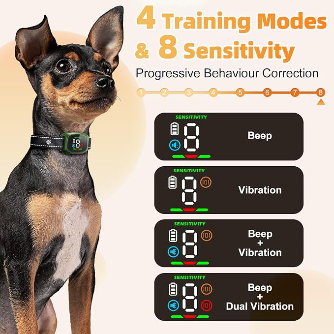 Bark Collar for Small Dogs 5-18lbs, No Shock Anti Barking Collars-Beep Vibration & 8 Sensitivity Levels, Smart Bark Detection Waterproof Humane Stop Barking Dog Control Device, Magnetic Charging Green