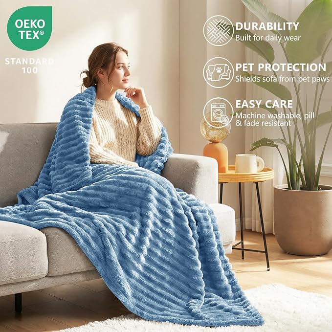 HIMEET Grayish Blue Throw XL Blanket, 300GSM Ribbed Fleece, 50 x 70 Inches | Ultra Soft Flannel, All-Season Lightweight Warmth, Extra Coverage for Couch Lounging, Home Room Decor, Machine Washable