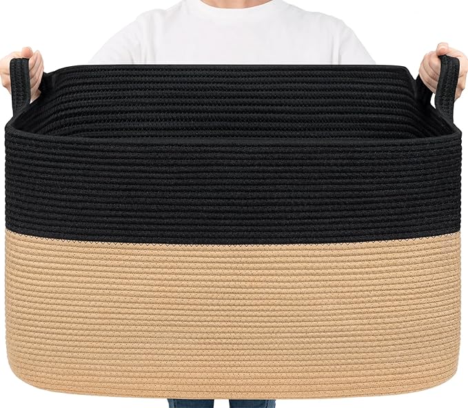 Goodpick 85L Large Woven Rope Blanket Basket, Rectangle, Black & Camel | 23.6'' x 15.7'' x 13.8'' Wicker Storage Basket for Blankets, Pillows & Toys, Home Organization & Decor, Reinforced Handles