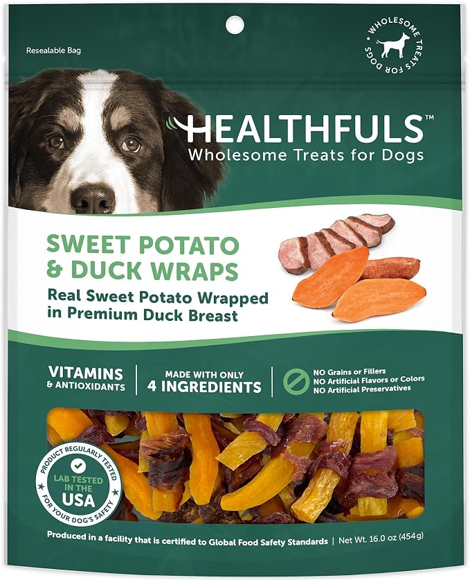 HEALTHFULS Real Sweet Potato & Duck Fillet Wraps, Natural Dog Treats, 16 oz | Natural Sweet Potato, Premium Duck Breast, Vitamins & Antioxidants, No Artificial Colors, Everyday Treat, For All Life Stages