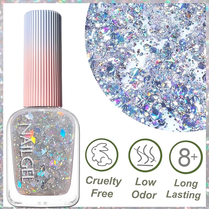 Clear Glitter Nail Polish, Chunky & Fine Holographic Glitter Top Coat, Iridescent Confetti Nail Polish Quick Dry, For DIY Nail Art and Holiday Party, Non Toxic