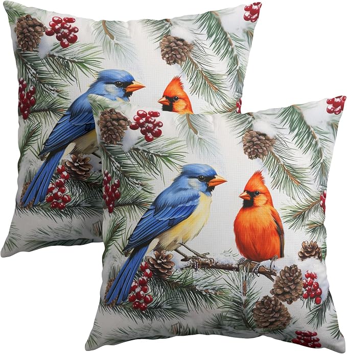 Kawani Christmas Birds Pillow Covers 20x20 Inch, Winter Bird Pine Cone Needle Branch Berry Throw Pillowcase Cotton Linen Square Cushion Case for Sofa Couch Home Holiday Decor Pack of 2