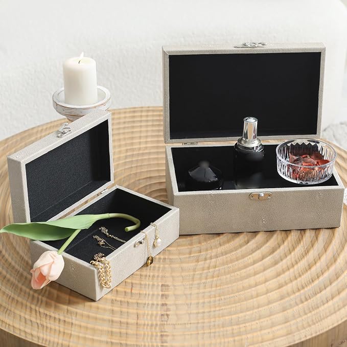 DECOR4SEASON Faux Shagreen Leather Decorative Storage Boxes Set of 2, Ivory | For Keeping Precious Keepsakes, Trinkets, Jewelry And Other Small Items Organized