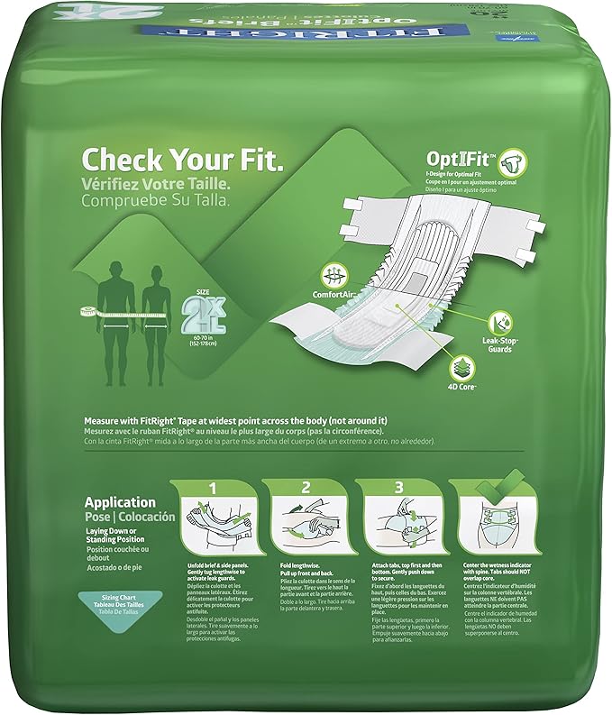 FitRight Adult Diapers, Extra Heavy Absorbency, 2XL (Waist Size 60in-70in), 80 Count, OptiFit Incontinence Briefs for Men and Women, Disposable, Moisture Wicking, Leak Protection,