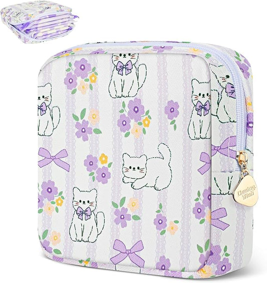 Sanitary Pad Storage Bag Portable Period Bag for Teen Pads/Sanitary Napkins/Small Tampons, Sanitary Napkin Storage Bag First Period Gifts for Teen Girls (Purple Bowknot Cat)