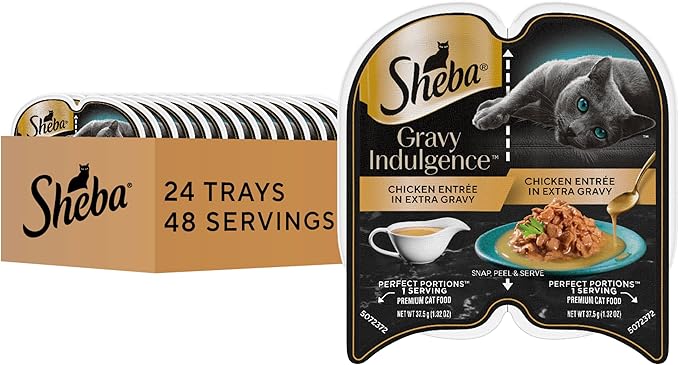 Sheba Gravy Indulgence Wet Cat Food, Chicken Entree, 2.6 oz, 24 Count | Grain-free, 70% gravy, real chicken, no fillers, complete & balanced all life stages, 48 servings, twin-pack trays