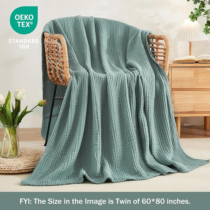 EMME Muslin Cotton Queen Blanket for Bed 90" x 90" Lightweight Breathable Layering Bedspread Gauze Soft Lightweight Airy Teal