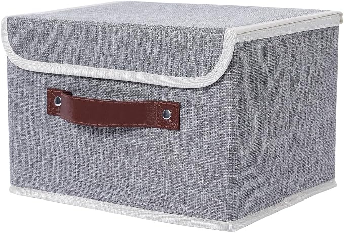 ANMINY Fabric Storage Box Bins with Lids, Gray, 13"x9"x7.9" | Keepsake Memory Storage, Cotton Linen, PP Board Reinforced, Washable, PU Handles, Foldable & Stackable, Decorative, Medium