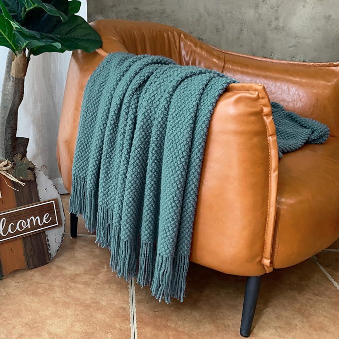 LOMAO Knitted Throw Blanket with Tassels Bubble Textured Lightweight Throws for Couch Cover Home Decor (Teal, 60x90)