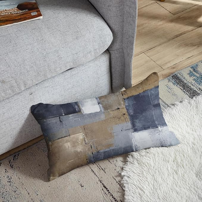 Throw Pillow Covers Set of 2, 12 x 20 Inch, Blue Brown Grey Taupe | Abstract Modern Art Outdoor Decorative Square Pillow Cases Couch Cushion Case for Couch Bed Sofa Living Room Home Decor