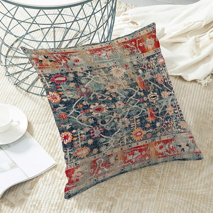 Boho Pillow Covers 22x22 Inch Set of 2,Navy Blue Burnt Orange Ethnic Design Throw Pillows Case,Carpet Pattern Outdoor Decorative Square Linen Farmhouse Decor Cushion Covers for Home Sofa Bed Couch