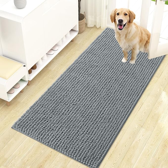 OLANLY Dog Door Mat for Muddy Paws 47x24, Extra Absorbent Chenille Mud Mat | Grey, Absorbs Moisture and Dirt, Non-Slip Machine Washable Doormat, Quick-Drying Indoor Entryway Floor Mat for Dogs