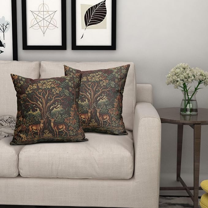 Forest Deer Pillow Covers 18X18 Inch Set of 2 Nature Burnt Orange Green Tree Animal Decorative Square Pillow Cases Aesthetic Rustic Botanical Cushion Case Farmhouse Home Decor for Sofa Couch
