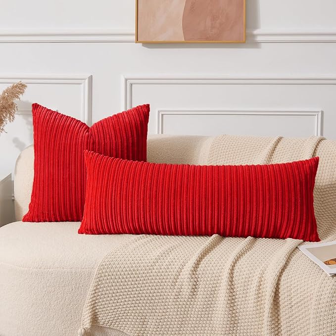 UGASA 14x36 Inch Christmas Pillow Cover Pack of 1 Soft Boho Stripe Corduroy Large Long Rectangle Lumbar Cushion Case Farmhouse Decorative Pilowcase for Bed, Couch, Sofa, Bedroom, Living Room, Red