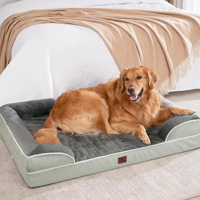 EHEYCIGA Orthopedic Dog Beds Large Sized Dog, Waterproof Washable Pet Bed | Non-Slip Bottom and Egg-Crate Memory Foam XL Dog Couch Bed with Washable Removable Cover, Greyish Green, 41Inch