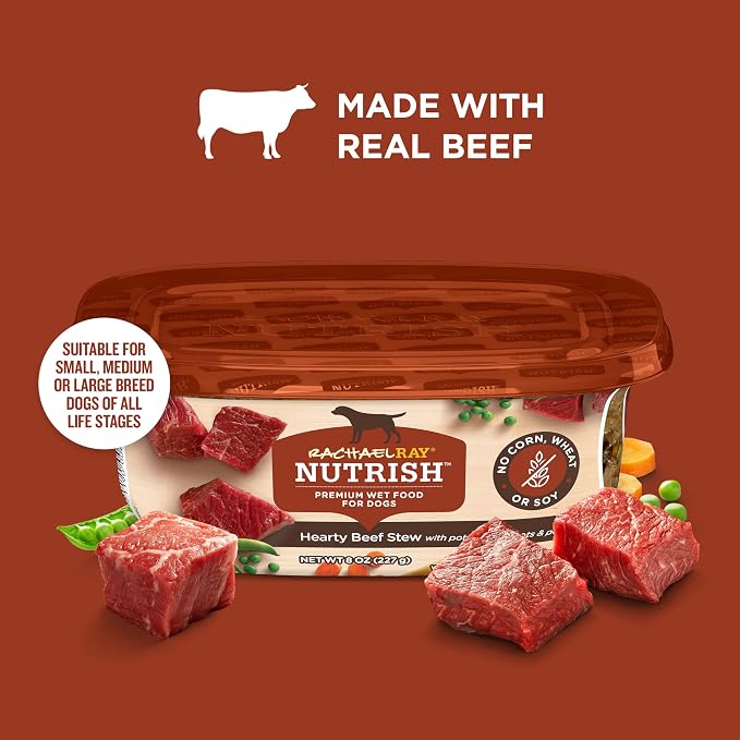 Nutrish Hearty Beef Stew Wet Dog Food, 8 oz. Tub (Pack of 8) (Rachael Ray) | Made with Potatoes, Carrots & Peas, No Artificial Flavors, No Added Corn, Grain, Gluten or Soy Ingredients