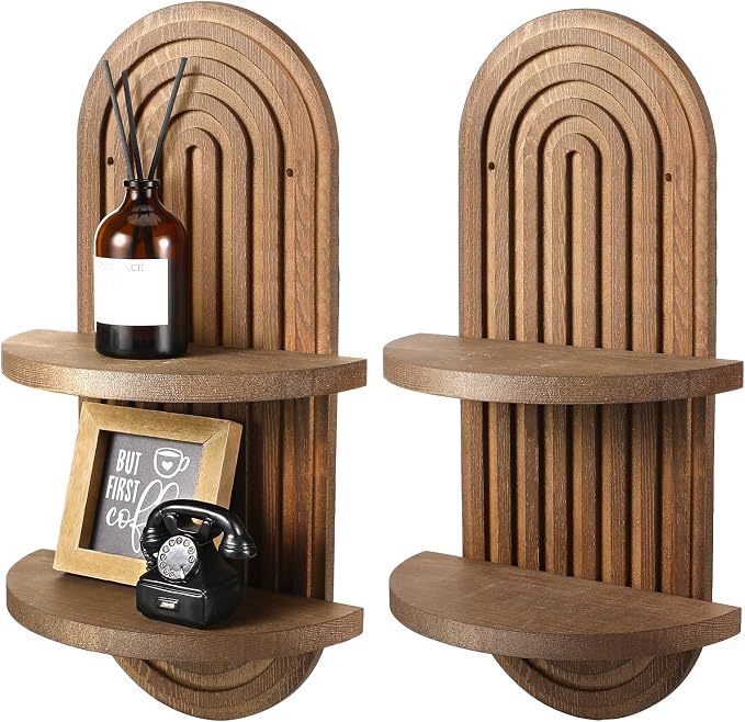 2 Pcs Boho Wall Shelf Rainbow Arch Wooden Floating Shelf Mid Century Bohemian Hanging Holder Double Vintage Wall Mount Altar Decor for Nursery Bedroom 15.75 x 6.69 Inches(Brown)