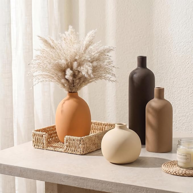 Neutral Ceramic Vase Set of 4, Modern Colors Home Decor, Rustic Farmhouse Decorative Flowers Vases for Bouquet, Pampas | Table Mantel Centerpiece Bookshelf Living Room Bedroom (Neutral Mix Set of 4)