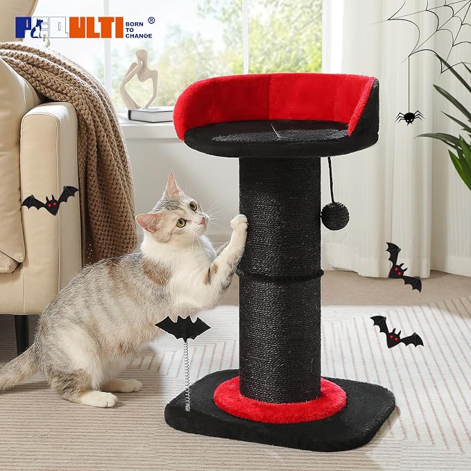 PEQULTI Gothic Cat Scratching Post, Super Thick 5.5in Sisal Post, Black | Small cat & kitten scratcher: removable cat bed, sisal + spring ball, enlarged double base; Gothic black cat tree