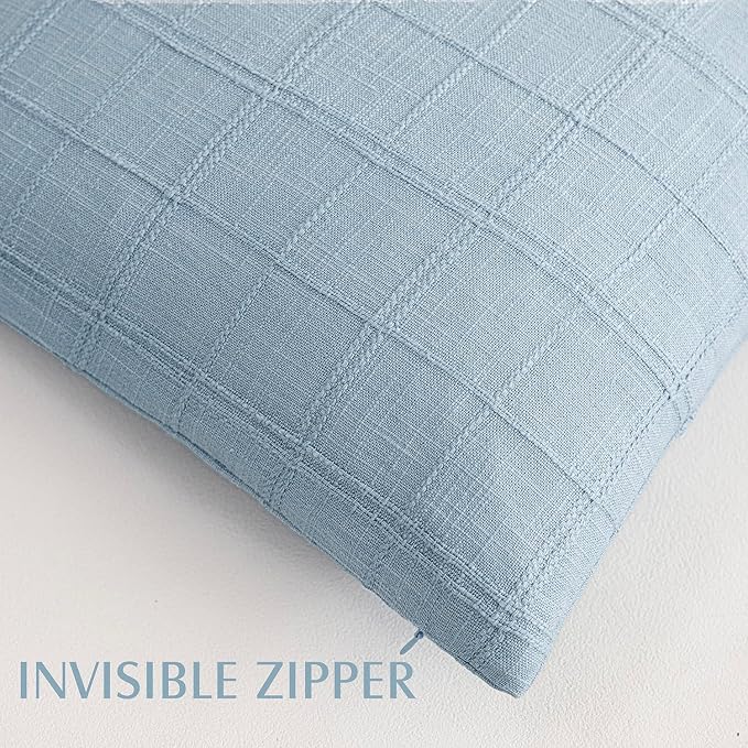 Foindtower Set of 2 Decorative Linen Check Throw Pillow Covers Neutral Farmhouse Vintage Cushion Covers Modern Boho Accent Home Decor for Sofa Chair Couch Bedroom Living Room,16×16 Inch,Sky Blue