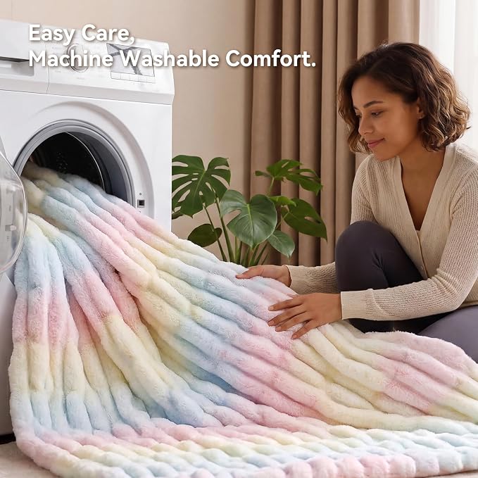 Rainbow Fluffy Blanket for Couch - Luxury Faux Rabbit Fur 60"x80" | Ultra Soft & Plush Comfort Ruched Blanket, Cozy Fuzzy Colorful Throw for Sofa & Bed, Great Gift for Women, Rainbow Room Decor
