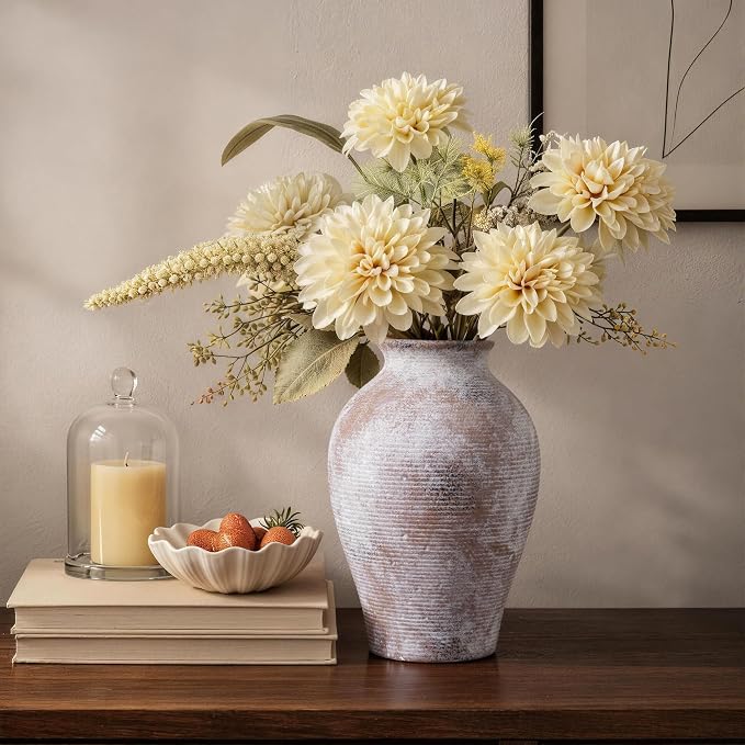 Ceramic Flower Vase Home Decor, 9 in Farmhouse Table Vase Retro Vintage Living Room Kitchen Bedroom Decoration Pottery Decorative Vases for Flowers Shelf Office Coffee Desk Dining Entryway, Classic
