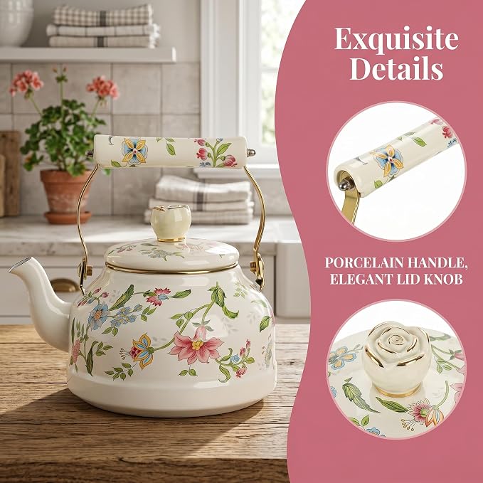 Jucoan 2.6 Quart Vintage Enamel Tea Kettle, Green Floral Stovetop Water Kettle Teapot with Porcelain Handle for Home Kitchen Camping Tea Party, Gift for Bridal Shower Wedding Housewarming Mother's Day
