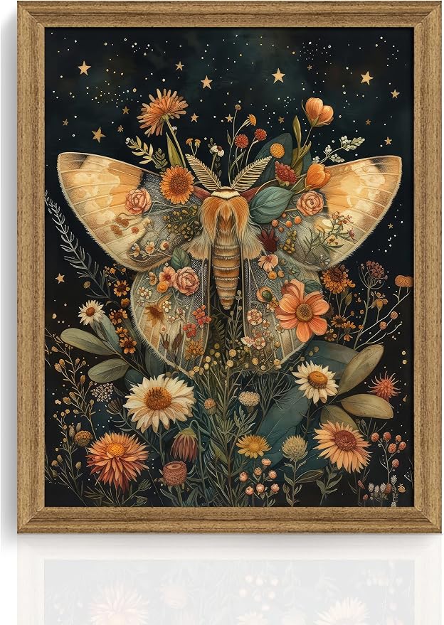 ICHZUMW Framed William Morris Moth Floral Vintage Canvas Wall Art 8x10 In | Dark Cottagecore Prints, Antique Aesthetic Celestial Wall Decor for Bedroom Living Room Bathroom Office, Ready to Hang