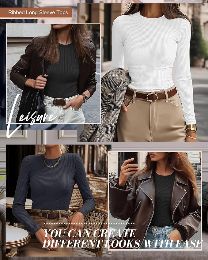 Ficerd 3 Pack Women's Ribbed Long Sleeve Tops, Crew Neck Slim Fit Undershirts Knit Basic Casual Stretch Layering Tee Shirts