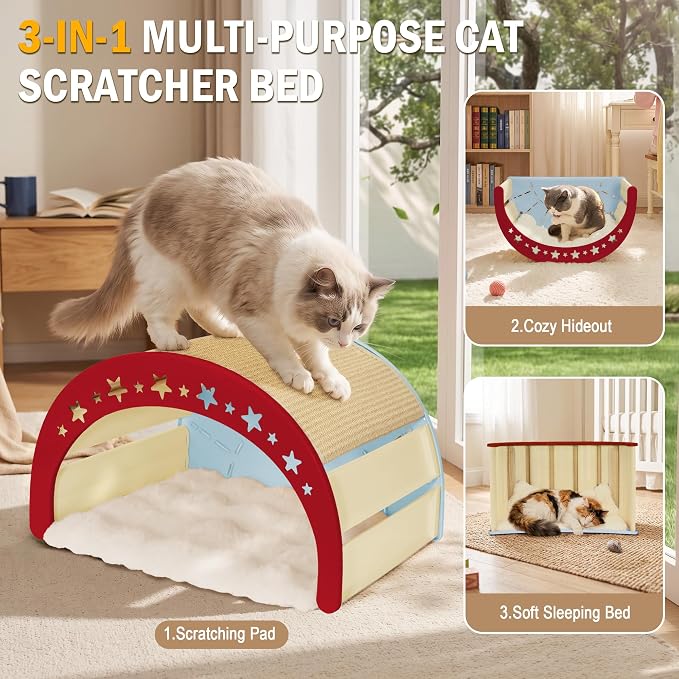 Cat Scratcher Bed, 3 in 1 Design-Bed, Scratcher, Hideaway Cave | with Elevated Sisal Pad & Reversible Fleece Mat,Sturdy HDPE Lounge for Indoor Cats, Tool-Free 30s Assembly, Supports 30 lbs