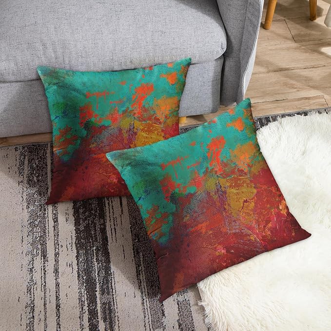 Throw Pillow Covers Set of 2, 20 x 20 Inch, Turquoise Burnt Orange | Abstract Modern Art Outdoor Decorative Square Pillow Cases Couch Cushion Case for Couch Bed Sofa Living Room Home Decor
