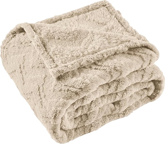 3 Layer Jacquard Throw Blanket - 50x70 Inch Soft Fleece with Wave Pattern, Brown Plush Cozy Blanket for Sofa, Couch, Bed & Chair, All Season Decorative Blanket for Living Room & Bedroom
