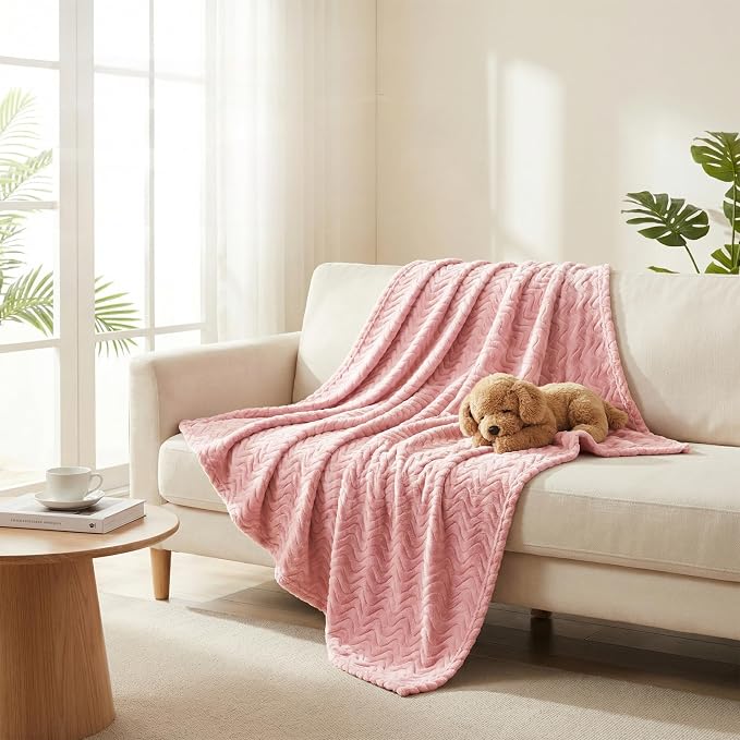 Exclusivo Mezcla Soft Fleece Blanket King Size for Bed, Sofa, Pink | 90"x104" Breathable Lightweight Flannel Blanket for Summer, Plush Cozy Jacquard Wave for Home Decor
