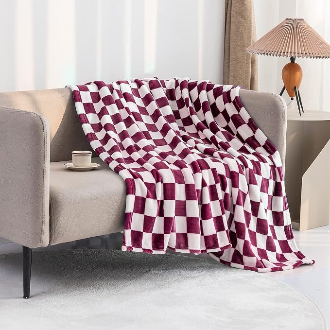 LOMAO Throw Blankets Flannel Blanket with Checkerboard Grid Pattern Soft Throw Blanket for Couch, Bed, Sofa Luxurious Warm and Cozy for All Seasons (Burgundy, 60"x80")