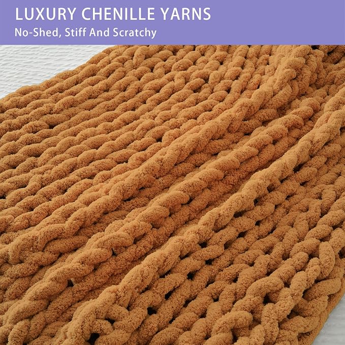 Bigacogo Chunky Knit Throw Blanket for Couch, 40x40 inches, Burnt Orange | Hand Knit with Jumbo Chenille, Soft Breathable Cable Knit for Sofa Bed Living Room, Machine Washable, Gift for Mom Friend