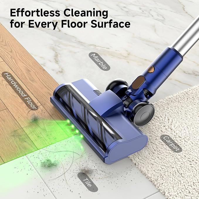 Cordless Stick Vacuum Cleaner - 45KPA Powerful Suction Vacuum with 45 Min Runtime, Detachable Battery, Anti-Tangle & 1.5L Dust Cup, 8 in 1 Vacuum Cleaner for Pet Hair, Carpet, HardFloor, Blue