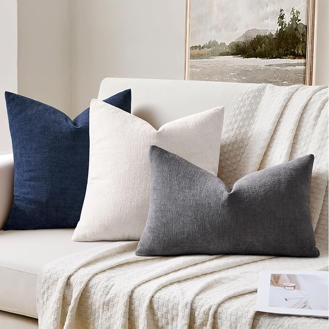 MIULEE Grey Chenille Couch Lumbar Throw Pillow Covers, 12x20 | Set of 2, Soft Farmhouse Modern Home Decor, Decorative Pillowcases for Sofa Living Room Bed